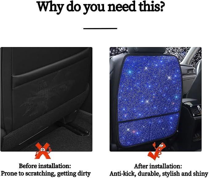 Sparkling Diamond Car Seat Kick Protectors with Storage, Crystal Kick Mats for Car Seats with Bling Rhinestones, Universal Fit Luxury Auto Accessories for Women Girls and Ladies Blue 2pcs - Image 6