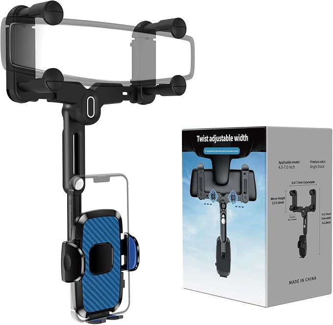 Phone Mount for Car, Rear View Mirror Phone Holder, Rotatable and Retractable Car Phone Holder Mount Rearview Mirror Phone Holder for Car Compatible with iPhone Samsung Cell Phones (Blue) by JDHDL