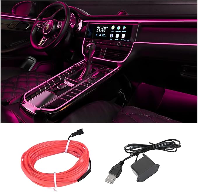 16FT EL Wire Strip Lights, USB Car Neon Trim, Sewing Edge, Pink | USB-powered operation, sewing-edge design, fuse protection, interior ambient lighting use, cut-to-length construction by HIPOPY