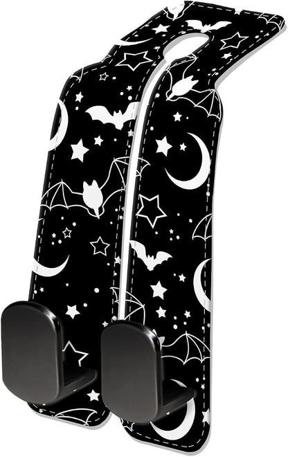 Car Seat Headrest Hook, Universal Leather Cute Hanger Holder Hook, Storage Organizer Interior Accessories for Purse Bags Handbag Black Cute Bats Moon by NUGGHU