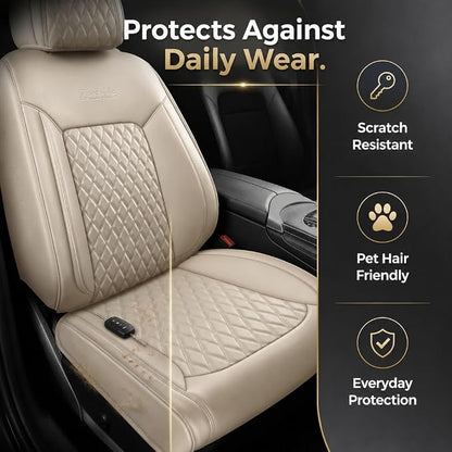 Beige Thick Nappa Leather Automotive Front Car Seat Covers Set of 2 | Univerasal Fit,3D Contoured,Full Coverage,Waterproof,ThickTexture Nappa Leather,for most Suvs Trucks Sedans - Image 3