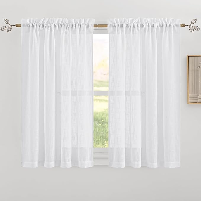 RYB HOME White Semi Sheer Curtains 54 inches Long for Living Room | Light Filtering, Privacy Protection, Linen Textured, for Bathroom Office Study Room, White, W42 x L54, 2 Panels by RYBHOME