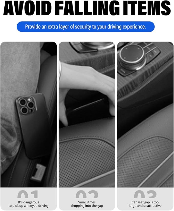 Car Seat Gap Filler, 2 Pack No-Drop Seat Side Gap Seam Filler Organizer with Phone Holder, Universal Fit Fill The Gap Between Seat and Console, Perfect for Car SUV Truck Black - Image 6