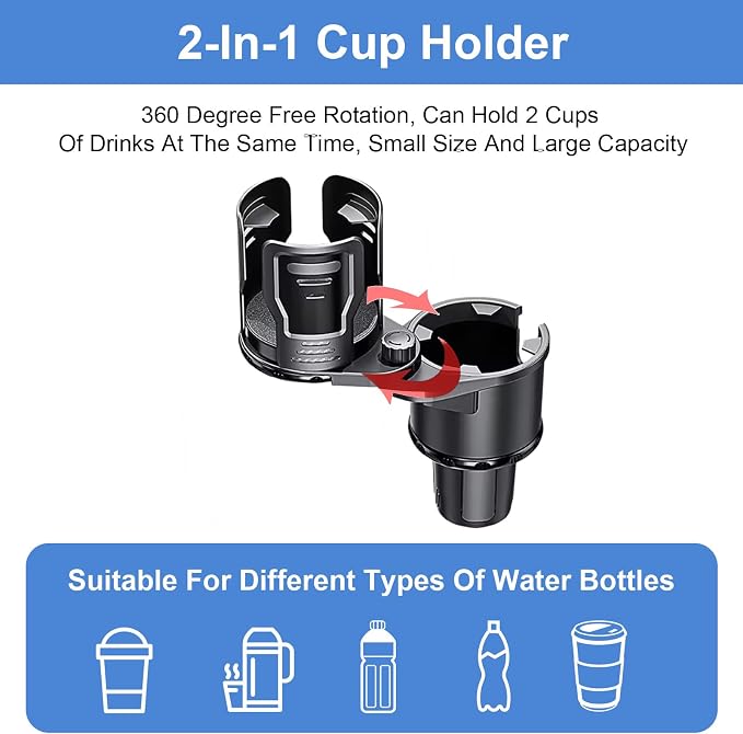 Car Cup Holder Expander 2 in 1，Expandable Cup Holder with 360°Adjustable Base，Compatible with Hydro Flask, Yeti, Nalgene, Other Large Bottles Drinks Mugs, Expandable to 2.87"-6" (Black) - Image 6