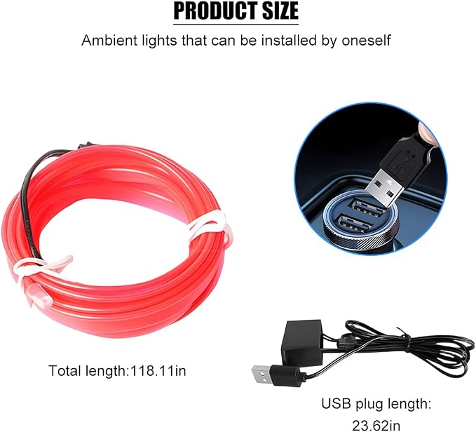 EL Wire Car LED Strip Lights, 10FT 5V USB Vehicle Ambient Lighting Kit with Fuse Protection, Automotive Interior Neon Decoration Lamp with 5mm Sewing Edge, Universal Fit (Pink) - Image 2