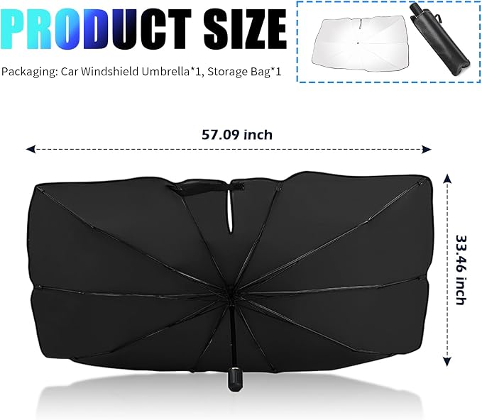 Car Windshield Sun Shade,Foldable Windshield Umbrella Sun Shade for Car for Reflecting Heat,Titanium Silver Umbrella Sunshade for Cars Windshields with Storage Pouch - Image 2
