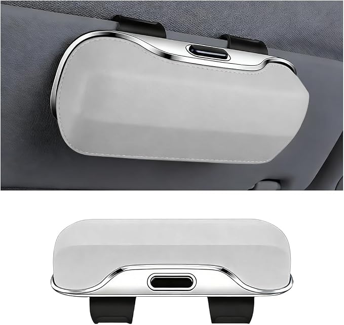 Zipelo 7.09 x 2.56 Inch Car Sun Visor Sunglasses Case, White | ABS construction, push-bounce opening, clip-on mounting, holds eyewear tickets and cards, car interior accessories by zipelo