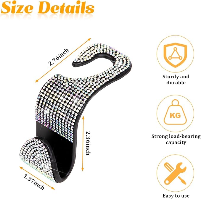 HZEL 4PCS Crystal Rhinestone Vehicle Headrest Hooks for Bags, White | plastic and rhinestone build, snap-on headrest mounting, holds bags and umbrellas, uses seatback space, fits vehicles - Image 2