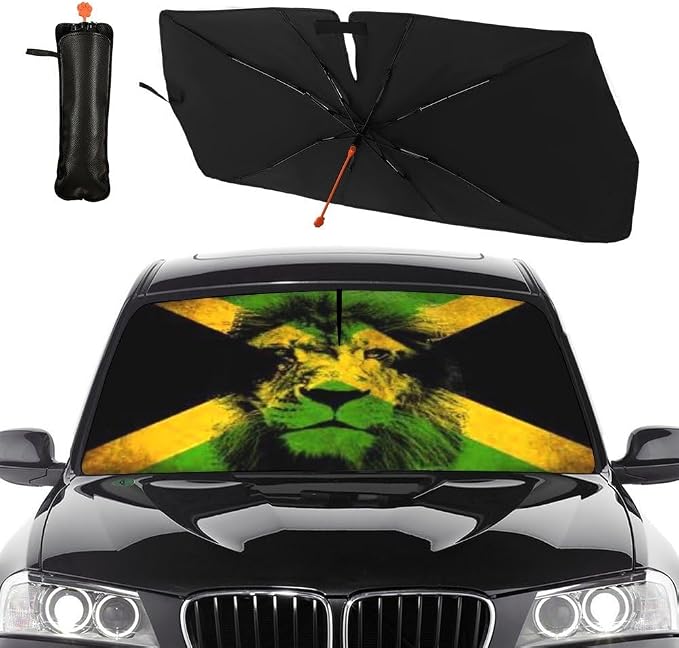Jamaican Flag Lion Car Windshield Sun Shade Umbrella Automotive Windshield Sunshade Foldable Front Car Accessories Interior Decor to Keep Vehicle Cool for Most Vehicles 57'' X 30'' by Socira