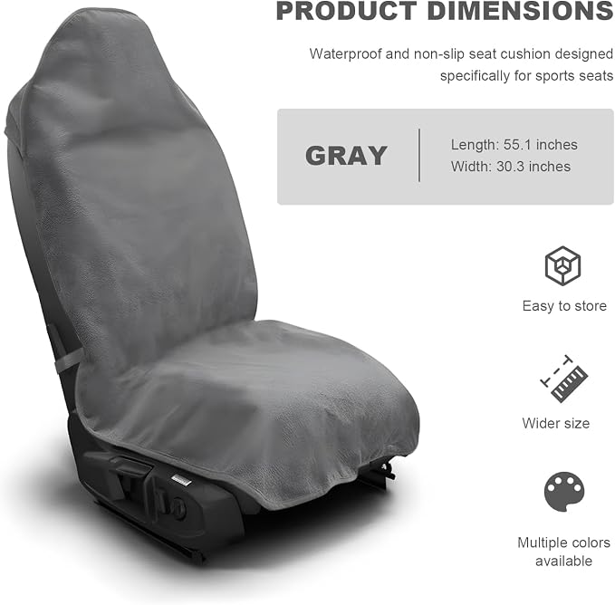 Car Towel Seat Cover, Waterproof Non-Slip Bucket Seat Protector for Running Swimming Hiking, Universal Machine Washable Front Seats Towel Protective Cover for Car SUV Truck (Gray) - Image 2