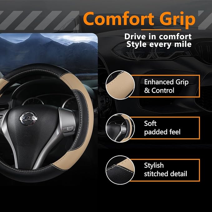 Leather Car Steering Wheel Cover, Universal Fit for Most Cars, Beige | Microfiber Leather,Non-Slip Breathable Auto Steering Wheel Protector - Image 2