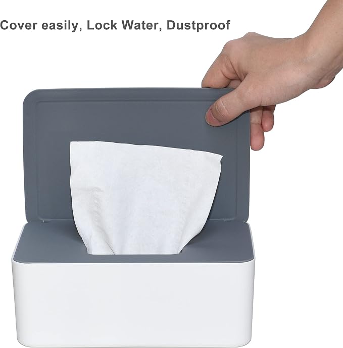 Diaper Wipes Dispenser, Tissue Storage Box Case (Gray-White) | Refillable Baby Wipe Container, Keeps Wipes Clean, Wet Wipe Dispenser Holder with Lid for Home, Office, Cars - Image 3