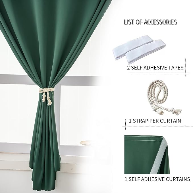 Blackout Curtains for Bedroom Stick On Curtains Window Shades Pull Down Blackout Window Cover No Drillng Self Adhesive Curtains No Rod Small Curtain, 47" W X 71" L, Dark Green, 1 Panel - Image 2