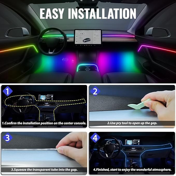 Acrylic Ambient Lighting Car Interior, 6 in 1 Dream Color Acrylic Led Strips Fiber Optic Lights with APP USB Hub, 16 Million Colors 187 Inches Flexible Neon Music Sync Emotion Glow Light for Car Dash - Image 6