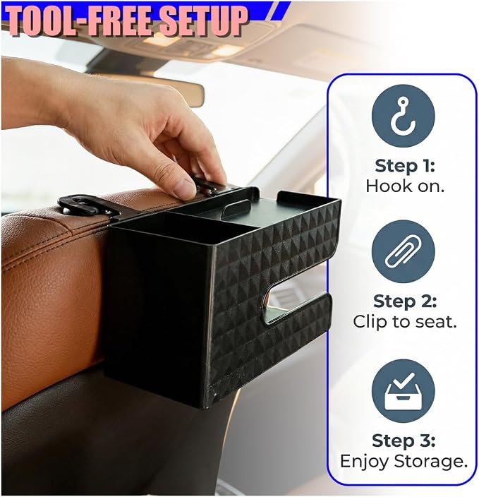 Car Back Seat Organizer, Automotive Drink Cup Holder with Hooks, Multifunctional Tissue Storage Box with Phone Holder, Vehicle Interior Organizer Accessories for Sedan, SUV, Truck (Black) - Image 5
