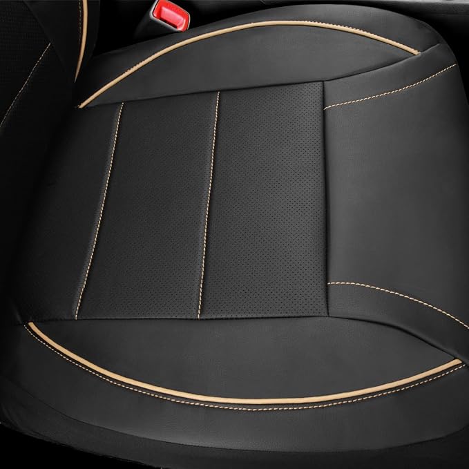 CAR PASS Universal FIT Piping Leather Two Front Seat Covers, Waterproof Faux Leather for SUV Sedan Van Truck, Airbag Compatible,Reserved Opening Holes for Headrest Covers. (Black and Beige) - Image 7