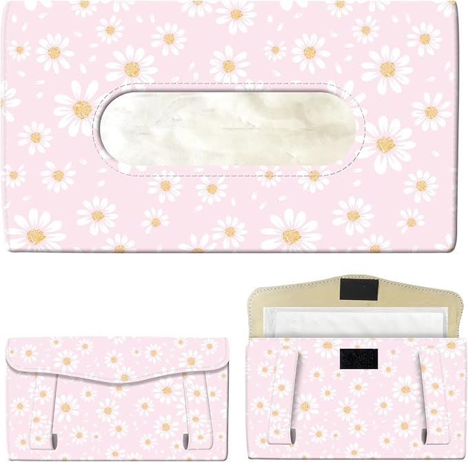 Car Tissue Holder, Cute Sun Visor Napkin Holder Backseat Tissue Case, PU Leather Tissue Box, Funny Car Accessories for Women Men Cute Pink Daisy by Unknown