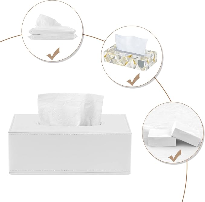 KINGFOM Rectangular PU Leather Tissue Box Cover - Facial Tissue Paper Napkin Holder for Bathroom, Home, Office, Car Automotive Decoration with Magnetic Bottom(White) - Image 4