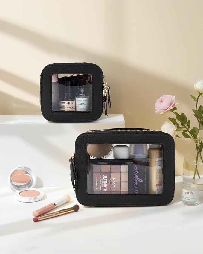 KOTORA Clear Sunscreen Makeup Bag Organizer Set,Portable Travel Toiletry Case for Women, Vegan Leather Cosmetic Pouch Beach Essentials Make Up Bag Organizer Storage Traveling (Black) - Image 4