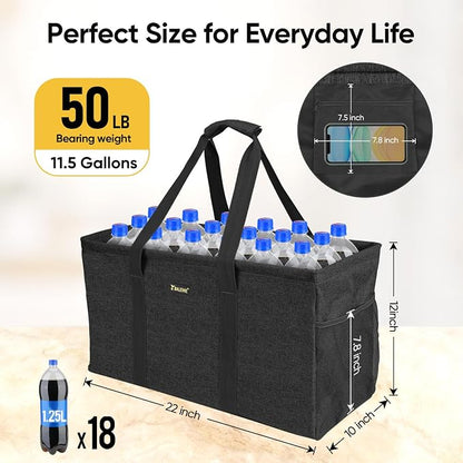 BALEINE Extra Large Utility Tote Bag with Reinforced Wire Frame, Reusable Grocery Bag for Shopping, Picnic (Black, 22''x12''x10'') - Image 6