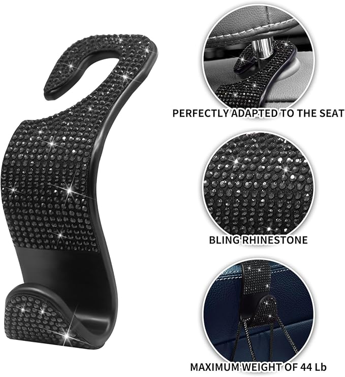 Generic Car Purse Hook Bling Car Headrest Hook for Women Girls, 4 Packs Auto Back Seat Hangers Rear Headrest Hook for Purse, Bag, Handbag, Grocery (Black) - Image 2