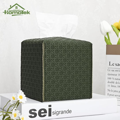 HOMOTEK 2 Pack Tissue Box Cover, Square PU Leather Tissue Holder, Decorative Facial Tissue Cube Paper Organizer Dispenser for Bathroom, Night Stands, Desk, Car 5X5X5'' - Rattan Weave,Emerald Green - Image 4