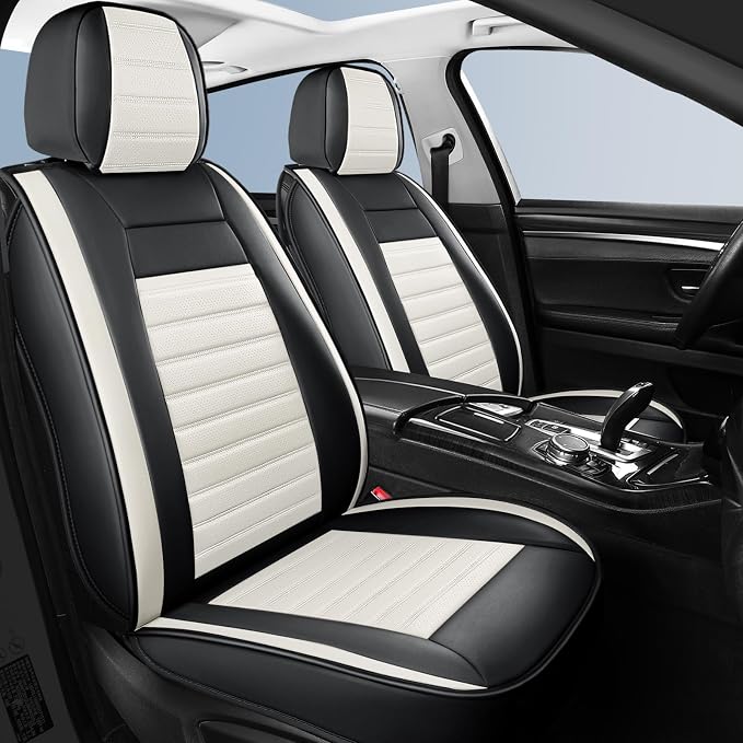 HChengkikz Car Seat Cover, Faux Leather, Waterproof (Black + White) | Breathable, Airbag Compatible, Easy Maintenance, Universal Fit for Most Sedans SUVs Pick-ups Trucks - Image 2