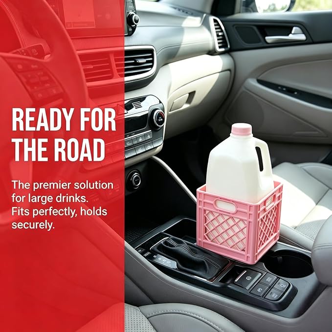 Half Gallon Car Cup Holder Expander, Pink | milk crate style, square drink jug fit, anti-spill mount, car interior accessories - Image 5