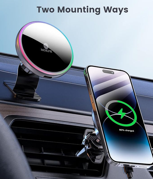 for Magsafe Car Mount Charger 15W LED RGB Car Phone Holder for Dash Vent | HandsFree Magnetic Wireless Car Charger Car Mount Fast Car Charger for iPhone 17 16 15/14/13/12 Series Graphite Black - Image 2