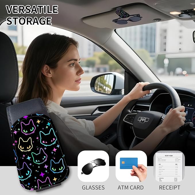 Sunglasses Holder for Car Visor, PU Leather Glasses Clip Organizer, Cute Magnetic Eyeglass Holder for Vehicle Sun Visor, Car Interior Accessory for Women & Men Neon Outline Cat - Image 2