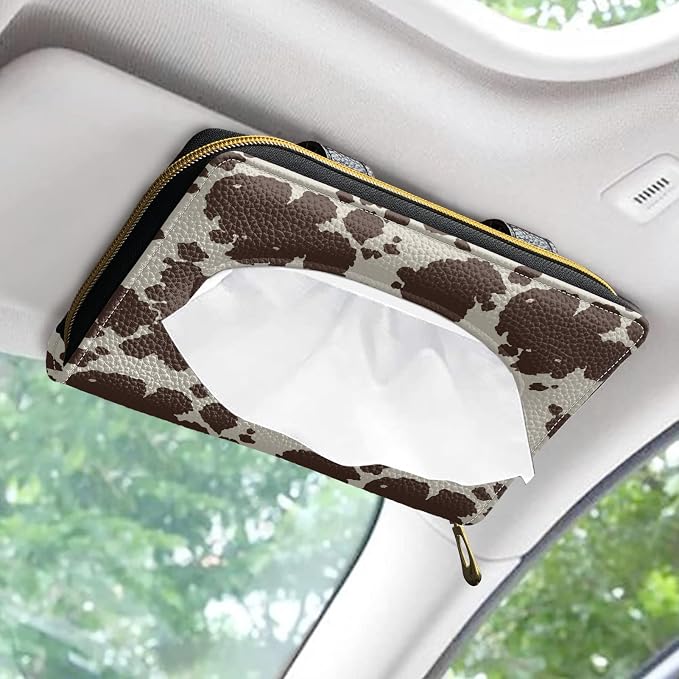 Biyejit Brown Cow Print PU Leather Car Tissue Holder, Classic, Rectangular - Image 2