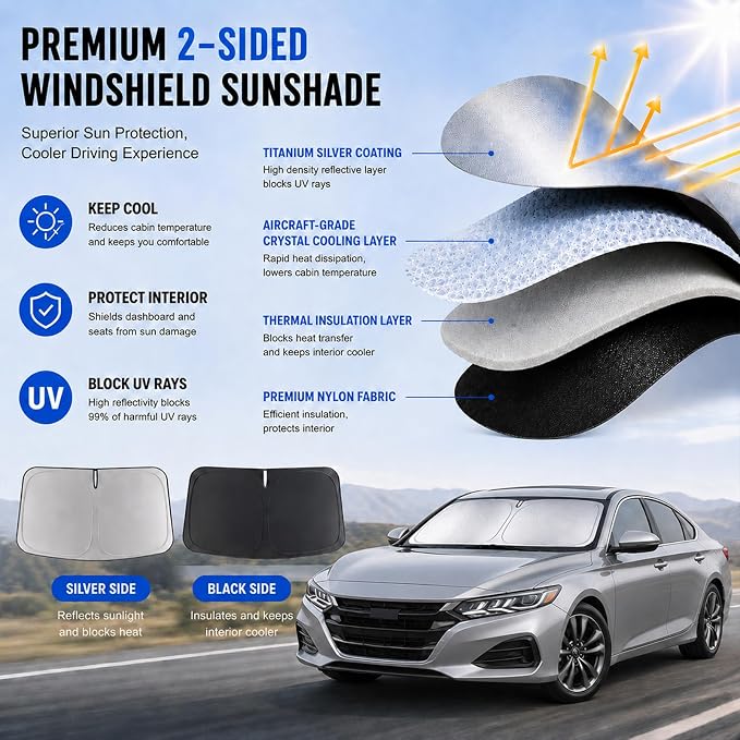 2026 New Upgrade Car Windshield Sun Shade Umbrella 300T Oxford | 55.12 × 27.6 Inch Fits Sedan SUV Truck Blocks UV & heat scratch resistant foldable with storage pouch protects dashboard - Image 2