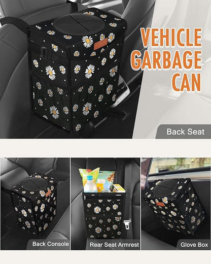 Pritent Car Trash Can with Lid Leakproof Car Garbage Bag Vehicle Trash Bin | Hanging Automotive Garbage Can,Multipurpose Car Accessories for Women Men Interior Car Storage Organizer(2 Gal,Black Flower) - Image 6