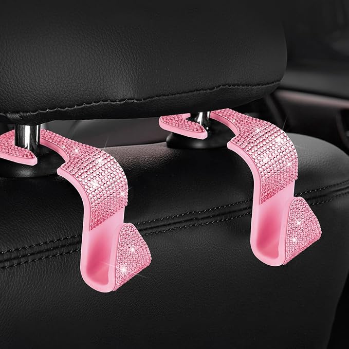 Zpana 4PCS Bling Car Seat Headrest Hooks, Crystal Rhinestones, Pink | Vehicle Back Seat Purse Handbag Hanging Holder, Crystal Diamond Design for Girls, Storage Organizer Hook, Universal Fit - Image 6