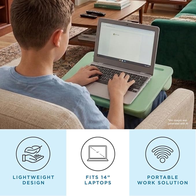 LAPGEAR Compact Lap Desk – Sage Green, Fits 14" Laptops | Microbead Cushion, Built-In Pencil Slot, Carry Handle, Fits Standard Letter-Size Paper (8.5" × 11") - Image 2