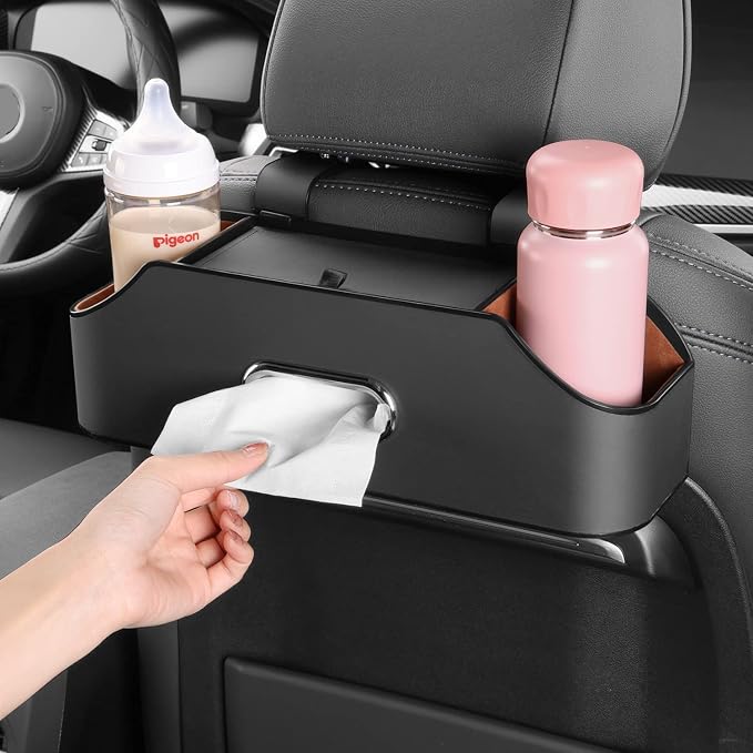 HOLDCY Car Back Seat Organizer with 2 Cup Holders, Tissue Storage, Black | Rigid ABS Frame With Pu Leather, Dual Hooks And Tool-Free Mounting For Cars, Suvs And Trucks With Separate Headrest Posts - Image 4