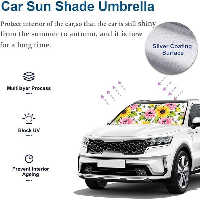 Sunflowers Poppy Daisy Car Windshield Umbrella,Large Size Windshield Sun Shade Umbrella for Front Windows,UV Rays and Heat Sun Visor Protector Foldable Reflector Sun Shield Fits Most Vans SUVs - Image 5