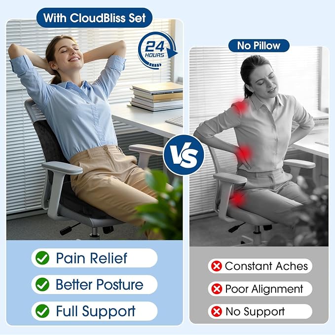 CloudBliss Ergonomic Seat Cushion & Lumbar Support Pillow Set, Black,Large | Back Pain & Sciatica Relief, Memory Foam Support, Adjustable Straps, Machine Washable Velvet, Perfect for Office, Car, Gaming - Image 8