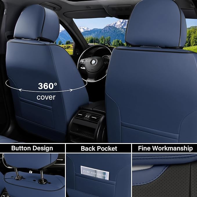 Coverado Front and Back Seat Covers for Cars, Nappa Leather Car Seat Covers Full Set, Waterproof Carseat Protector Seat Cushion, Luxury Automotive Seat Covers Universal Fit for Most Cars(Blue&Black) - Image 3