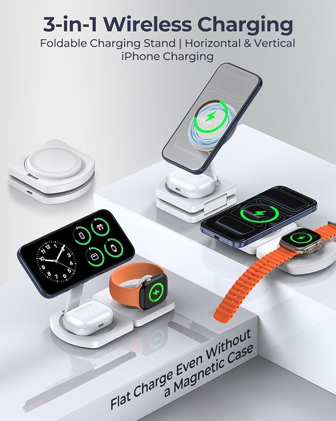 Wireless Charger for IPhone, 3-in-1 Magnetic Charging Station for Apple, MagSafe Charger Stand for IPhone 17 Air 16 15 14 13 12 Series, Airpods Pro, Apple Watch Ultra, Foldable, No Adapter, White | Compatible with iPhone 17 Air 16 15 14 13 12 Series, A... - Image 7