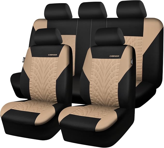 CAR PASS Car Seat Covers Full Sets, Front & Split Rear Bench for Car, 3D Tyre Embossed Automotive Interior Covers, Airbag Compatible, Quick Setup Universal Fit Seat Covers for Car, SUV(Black Beige) by CARPASS