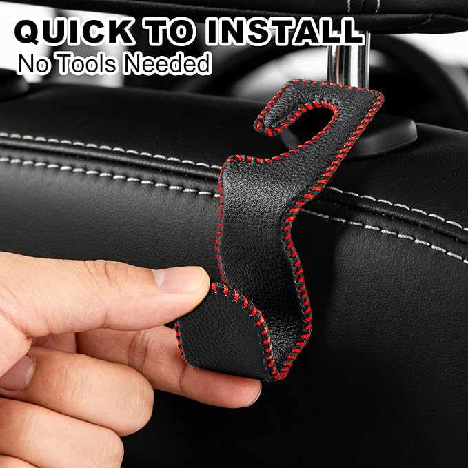 EldHus Car Seat Hooks for Purses and Bags, 4 Pack Car Purse Holder for Grocery Bag Handbag Clothes, Metal Headrest Hooks Covered by Leather, Black Red - Image 5