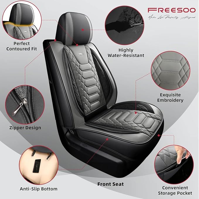 FREESOO Custom Leather for Toyota Tundra Seat Covers 2007-2013 Crewmax Cab | Fit for Crewmax Cab 5 Seats, Full Set, 60/40 Split Bench, Faux Leather, for Truck Toyota Tundra Accessories, BlackGrey - Image 5