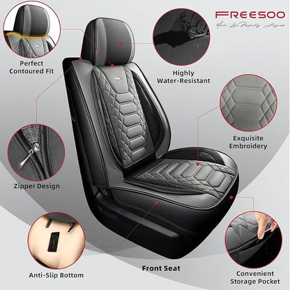 FREESOO Custom Leather for Toyota Tundra Seat Covers 2007-2013 Crewmax Cab | Fit for Crewmax Cab 5 Seats, Full Set, 60/40 Split Bench, Faux Leather, for Truck Toyota Tundra Accessories, BlackGrey - Image 5