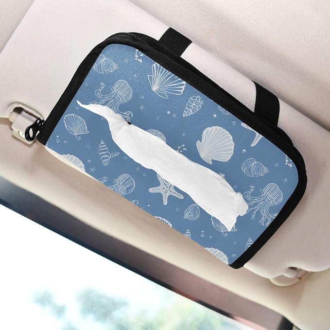 Car Tissue Holder Car Napkin Holder Car Tissue Box Dispenser Storage Case Sun Visor Mask Holder with Adjustable Straps Reusable Refillable Simple Seashells Starfish Blue - Image 7