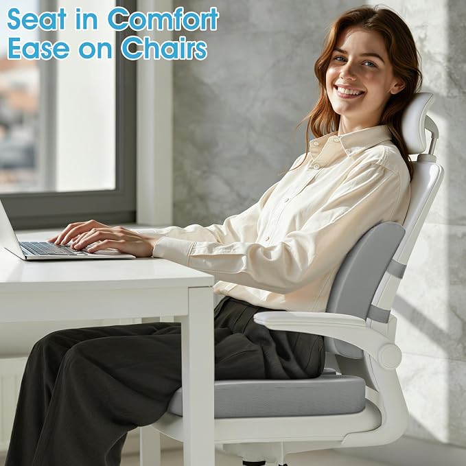 CushZone Seat Cushion and Lumbar Support Pillow for Office Chair Light Grey | Ergonomic Memory Foam for Sciatica Pain Relief & Posture Correction, Non-Slip Chair Cushions for Car, Wheelchair and Travel - Image 2