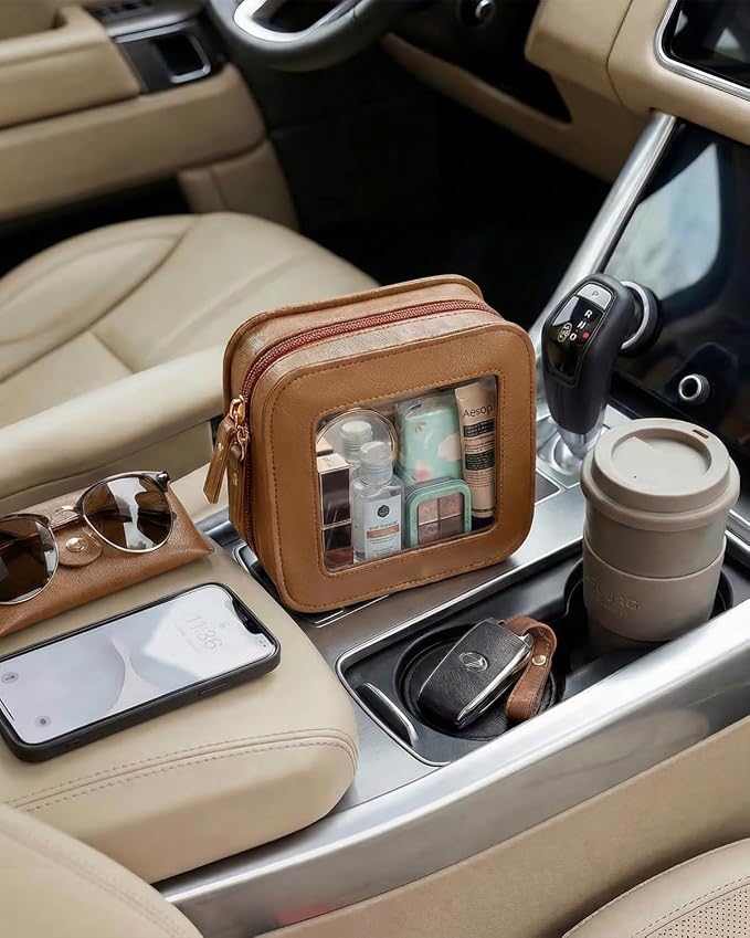 Clear Makeup Brush Bag Pouch, Waterproof PU Leather Portable Makeup Bag Holder with Transparent Window, Travel Lipstick Case Pouch Car Organizer and Storage, Square, Brown - Image 5