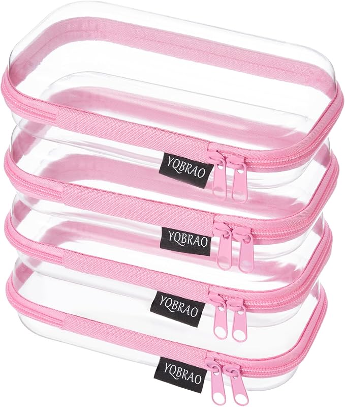 YQBRAO Clear Hard Shell Zipper Cases, 4 Small Cable Organizers, Pink | Rigid 1.2 mm PET and YKK dual zippers for cosmetics, charging cords, pens and travel accessories by Unknown