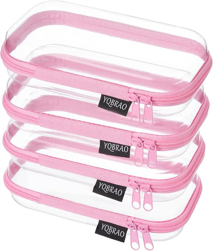 YQBRAO Clear Hard Shell Zipper Cases, 4 Small Cable Organizers, Pink | Rigid 1.2 mm PET and YKK dual zippers for cosmetics, charging cords, pens and travel accessories by Unknown
