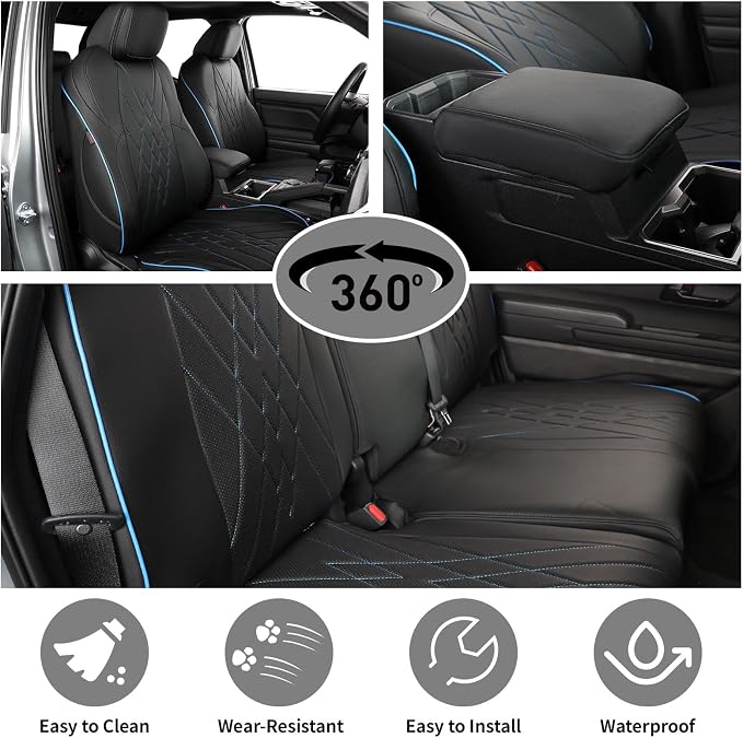 EKR Tacoma Car Seat Covers Custom Fit for Toyota Tacoma (Petrol) 2024 2025 2026 DoubleCab/CrewCab SR/SR5/TRD Sport/TRD Off-Road/Limited -Truck Seat Covers Full Set,Faux Leather (Black with Blue Trim) - Image 5